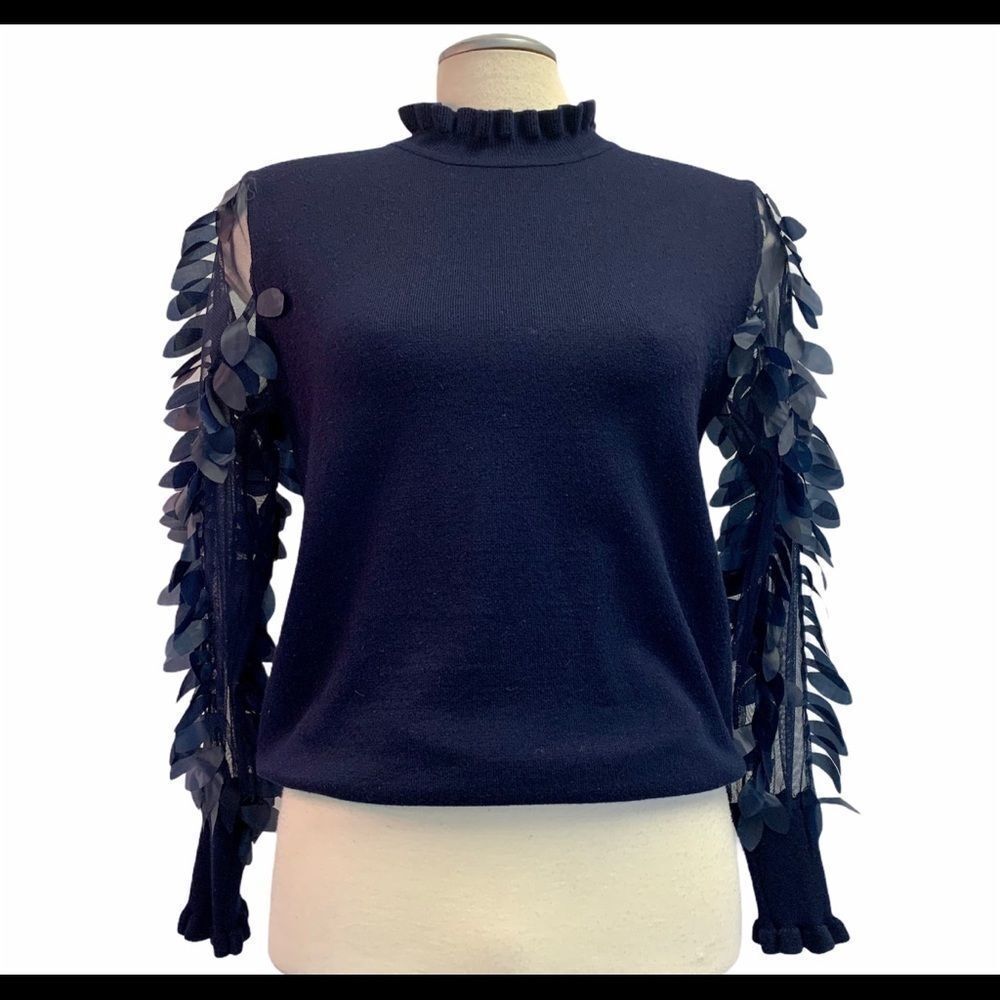 WILD Flower navy Leaf Mesh Sleeves Jumper Sz XS - Picture 4 of 12